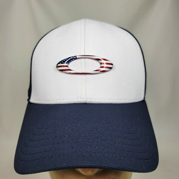 Oakley Other - Oakley Black Fitted Hat Flex Lg-XL American Flag Raised Logo White Blue USA